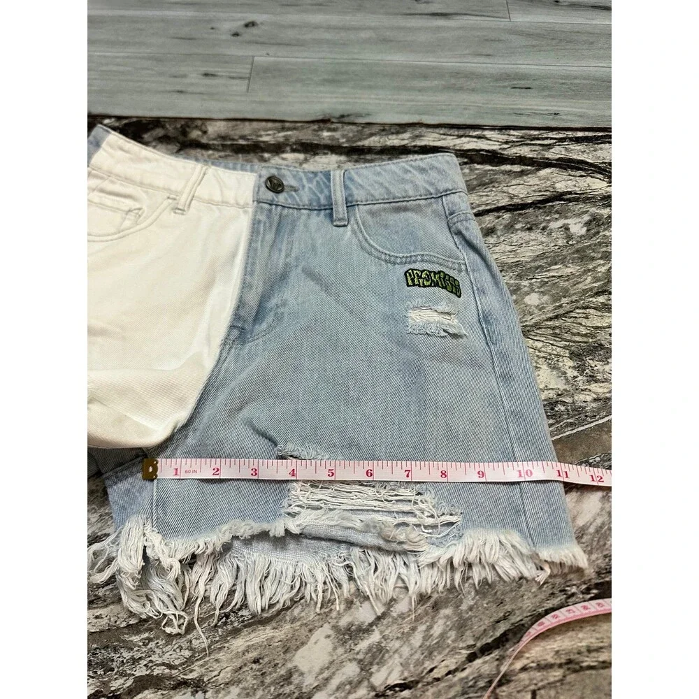 Broken Promises Two-Tone White & Light Blue Distressed Denim Shorts